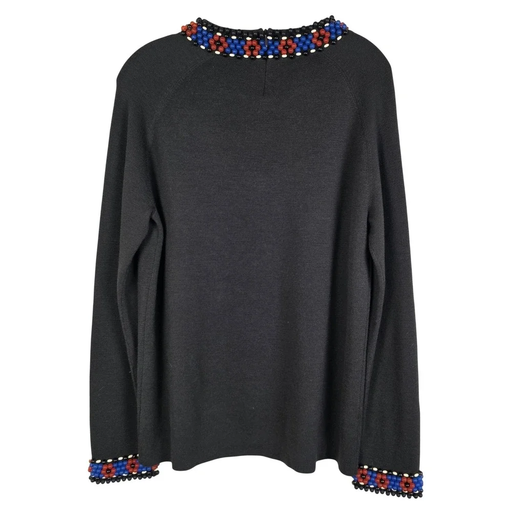 Worth New York 100% Wool Beaded Sweater Large Black Blue Red Floral Neck Cuff L - Picture 2 of 9
